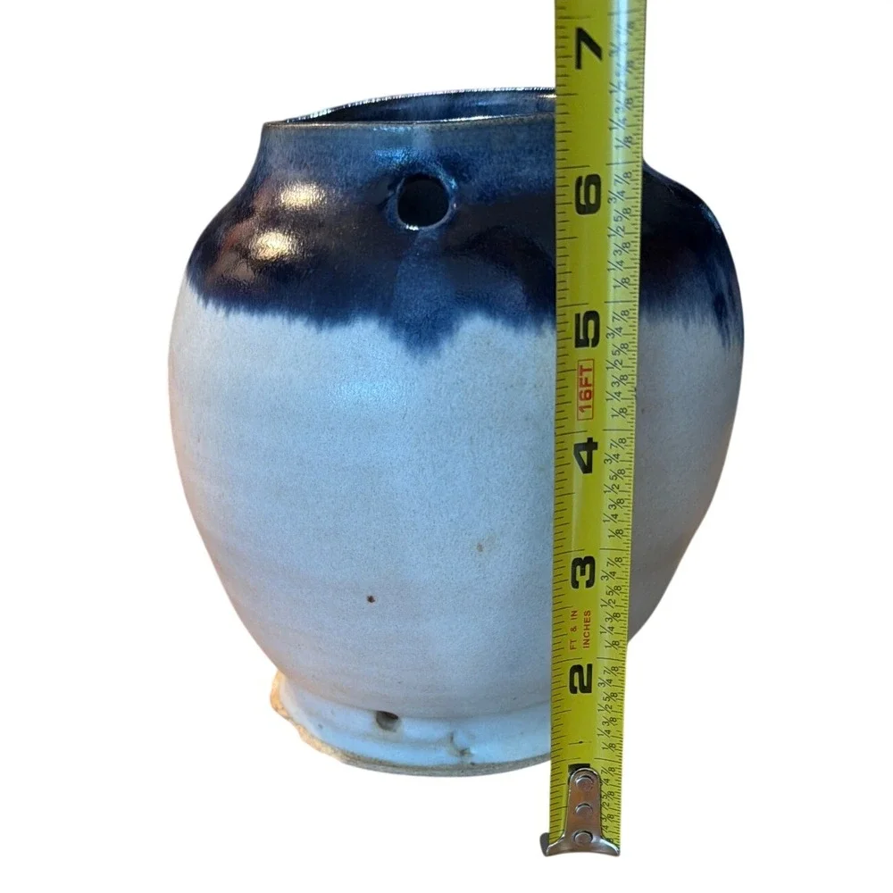 Studio Pottery Planter‎ Blue White Drip Glaze Signed Unique Pottery